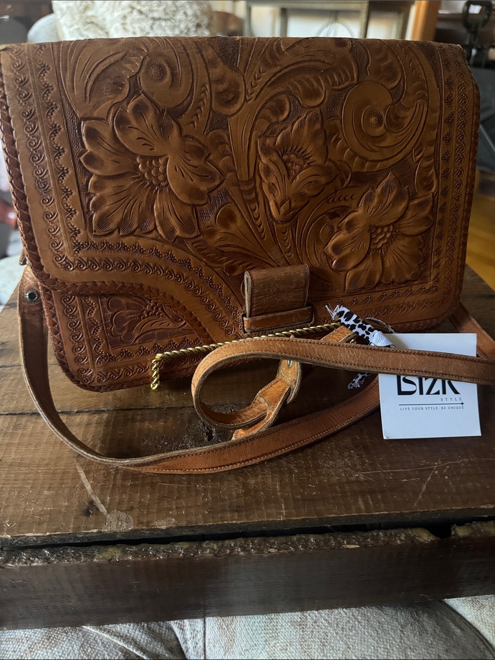 Tooled Leather Floral Crossbody Bag in Brown